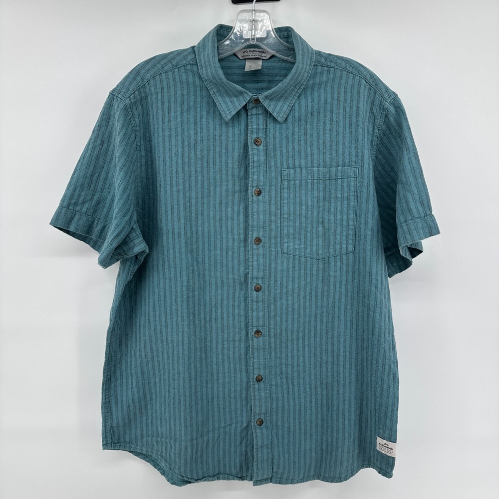KATHMANDU Mens Short Sleeve Shirt Sz L Blue Pinstripe Cotton Hemp Hiking Outdoor